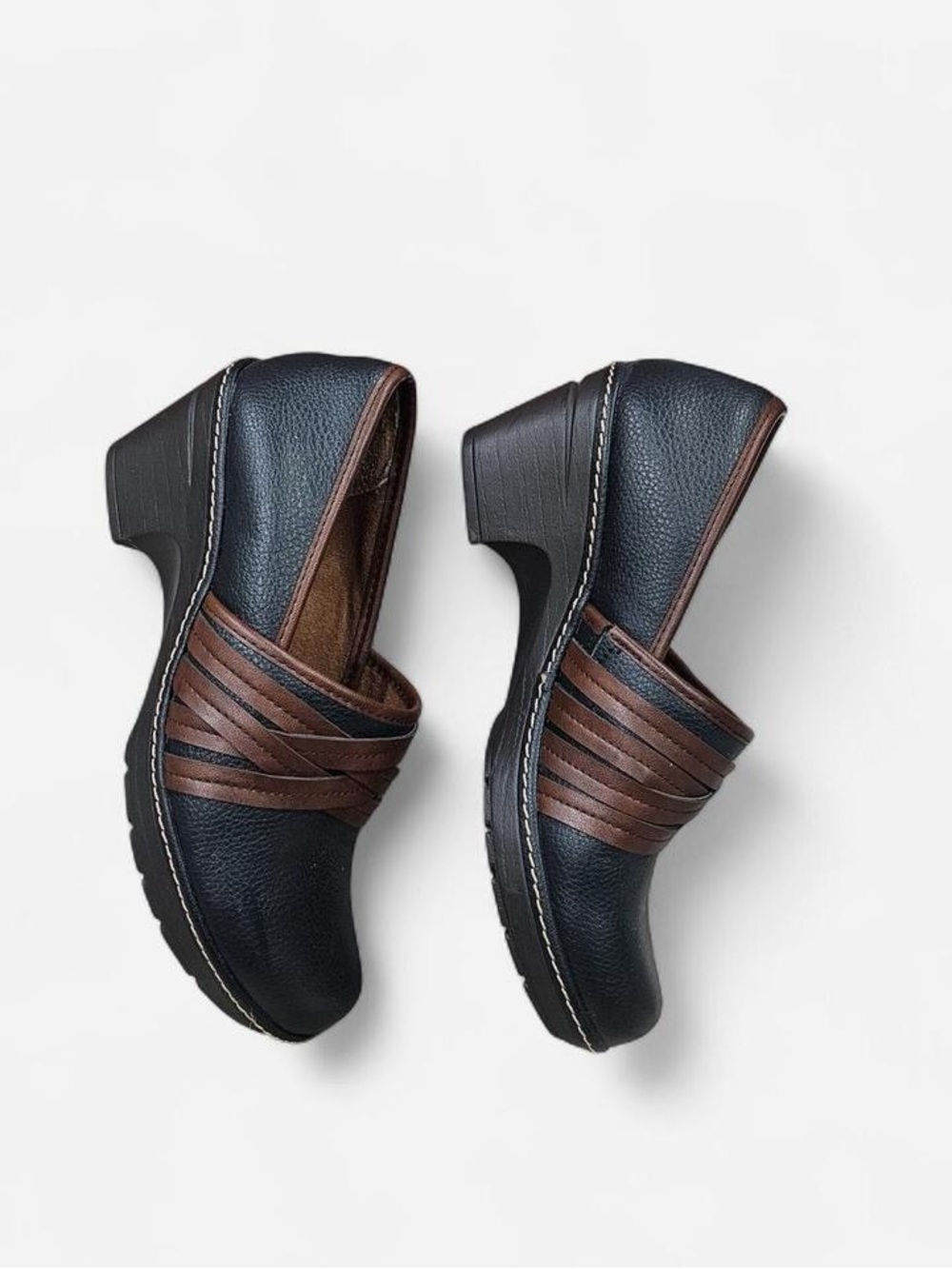Thom McAn Black and Brown Slip-On Clog Heels